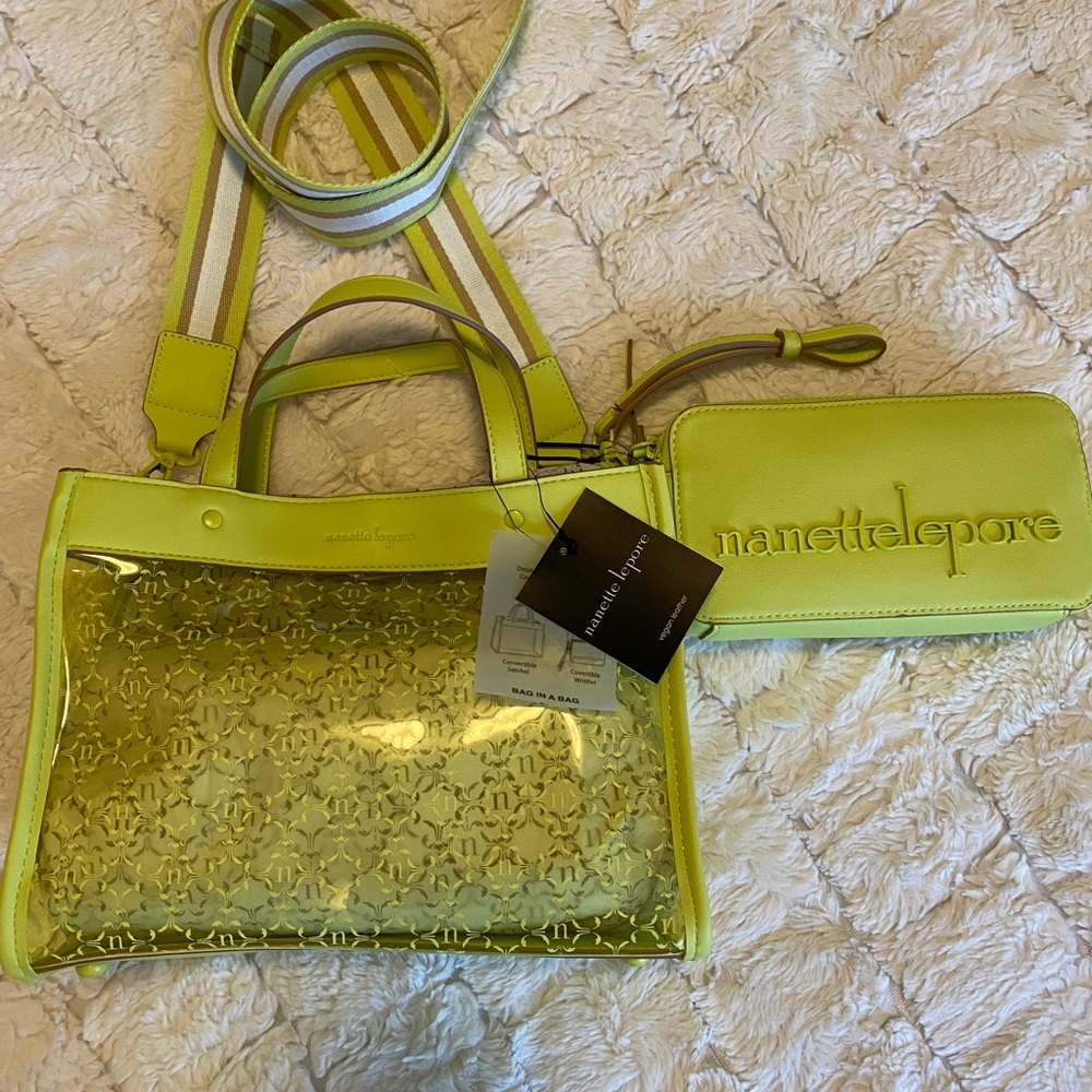 Nanette Lepore Lime Green Transparent Tote and Wallet Set
